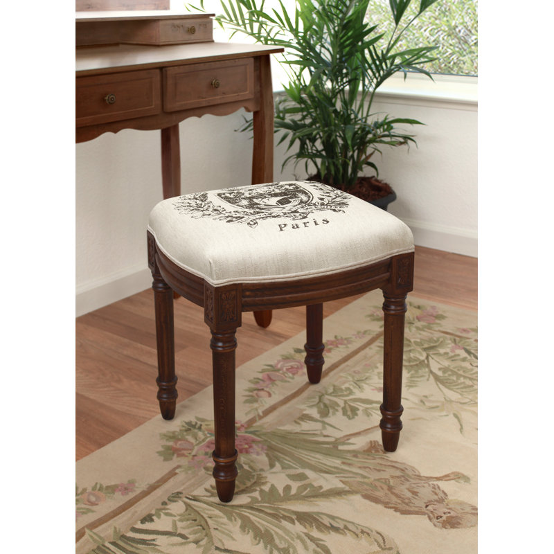 Paris Crest Chestnut Brown Wood and Linen Vanity Stool