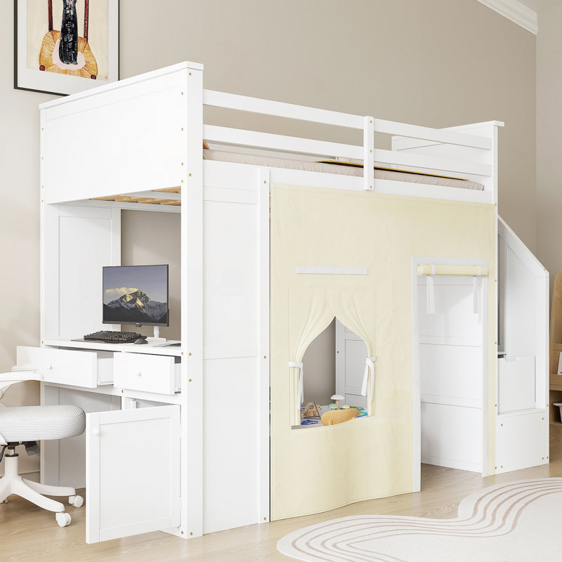 Lit mezzanine simple avec bureau, tiroirs, escalier de rangement et rideau