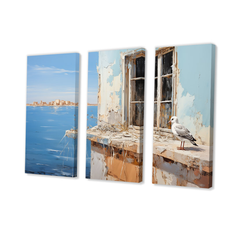 «Seagulls Perch Horizon II - Coastal Windows», art mural, H 28 po x l 36 po x P 1 po, Toile tendue