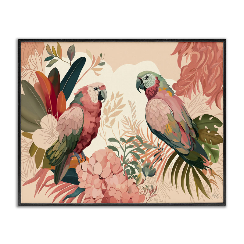 Perroquet rose et feuilles, estampe numérique encadrée par Fab Funky, Giclée encadrée noir minuit, H 16 po x l 20 po