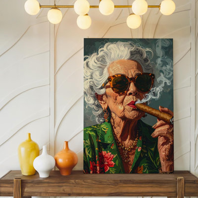 Canvas Wall Art Confident Elegance Canvasportrait Of A Bold Older Woman With Cigar And Floral Ready To Hang Gallery Wrapped Home Decor
