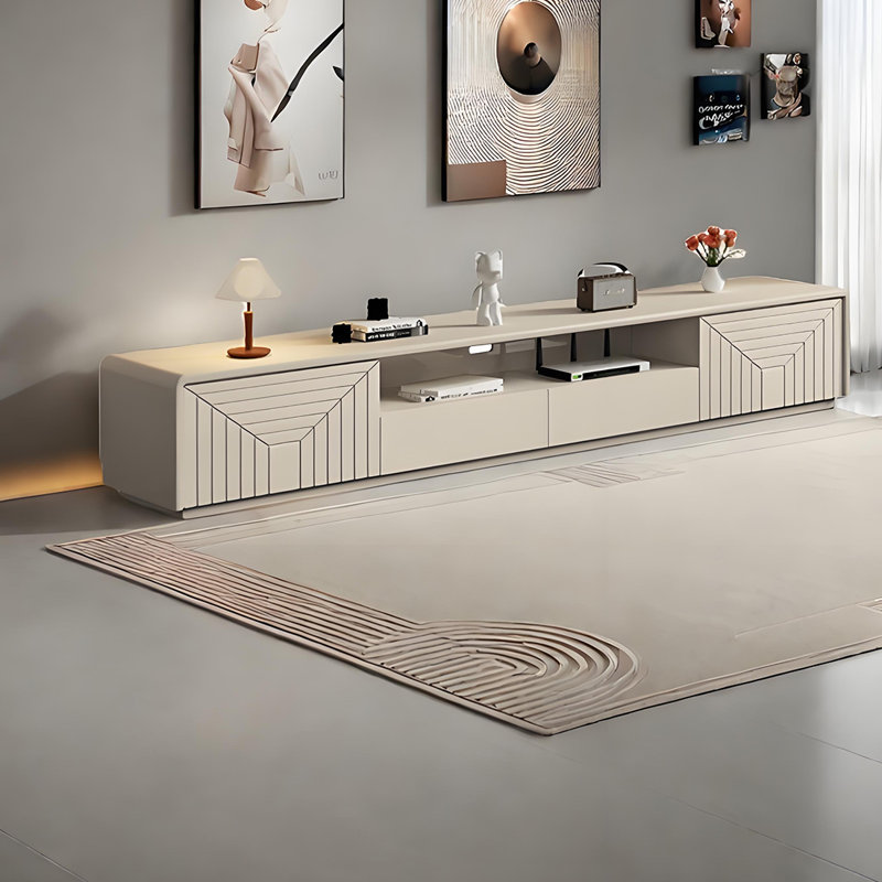Meuble télé moderne de style crème, H 16,53 po x L 94,48 po x l 15,74 po
