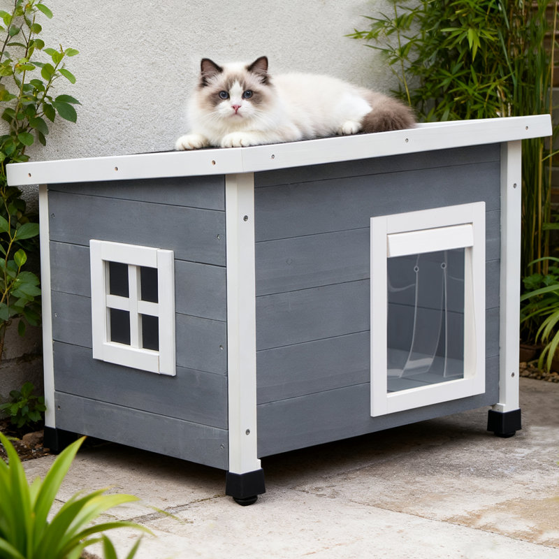 Maison de chat grise et blanche, Bleu marine/blanc