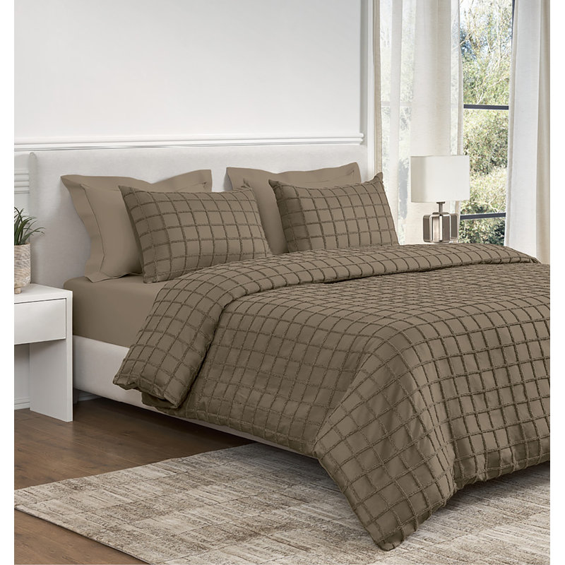 Ensemble de housse de couette en coton moka brodé P / Kaufmann Home, Queen Duvet Cover + 2 Standard Shams, Brown Geomatric