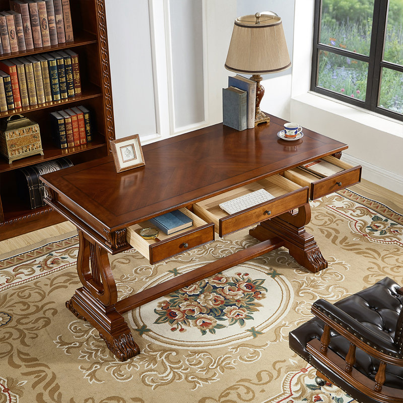 53.15"Brown Retro Rectangle Solid Wood Writing Desk,3-drawer, 31.5" H x 59.06" W x 28.35" D