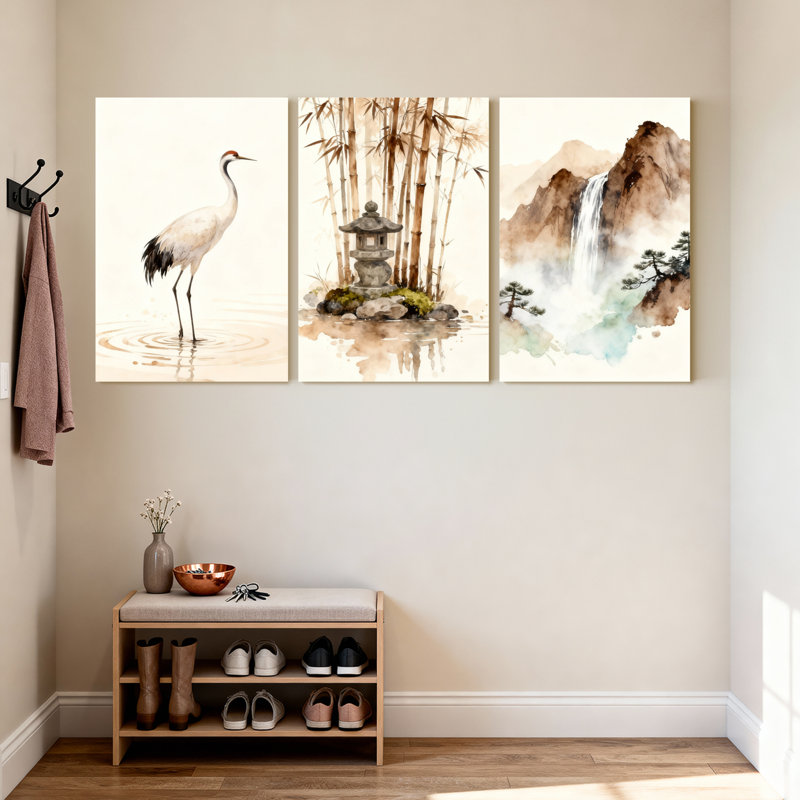 Ensemble de 3 tableaux sur toile tendue représentant une grue japonaise, une lanterne en bambou et une cascade de montagne