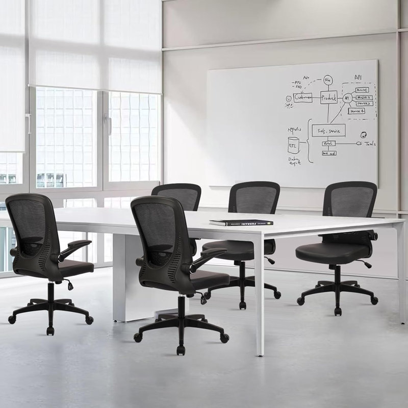  Desk Chairs with PU Leather Seat, Flip Up Arms Ergonomic Mesh Back Office Chair with Lumbar Support, Adjustable Height Swivel Rolling Computer Chairs for Home School Conference Study, Black