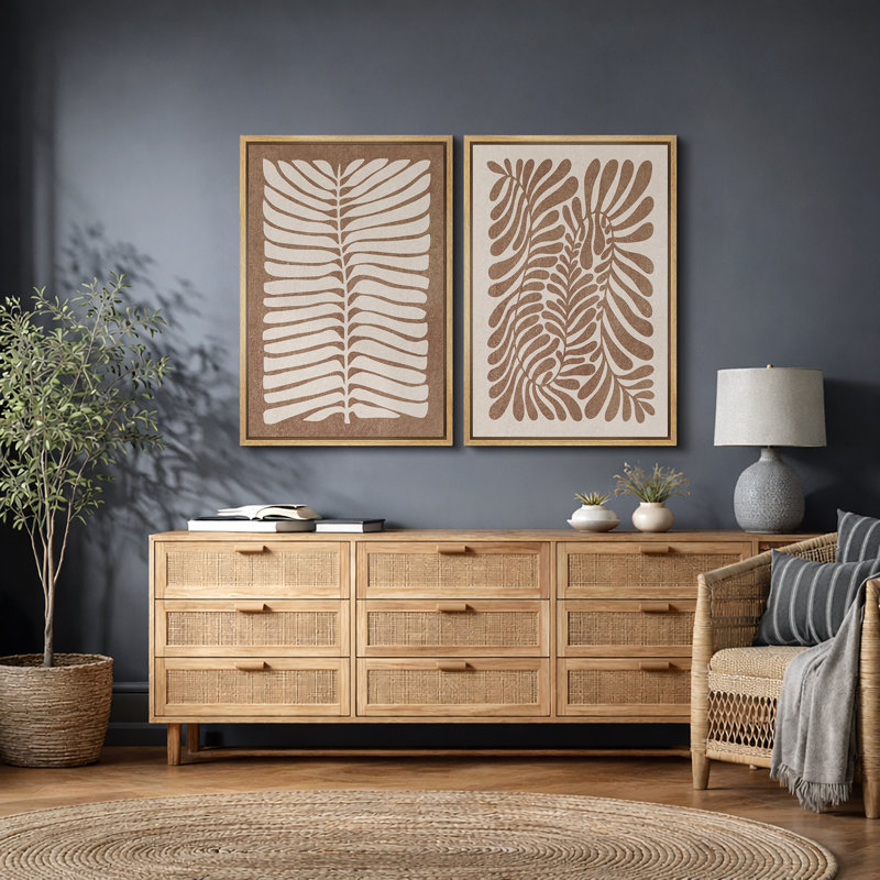 Abstrait botanique ", feuilles brunes délavées, œuvres d'art murales rétro bohème classique, impression sur toile encadrée giclée 2 pièces" 16 x 24 x 2 pièces, 24 x 36 x 2 pièces