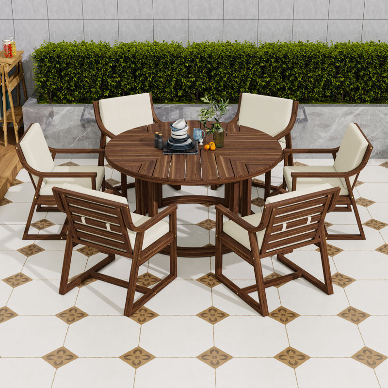 Ensemble de table de salle à manger de patio avec 6 chaises et coussins amovibles, Moka