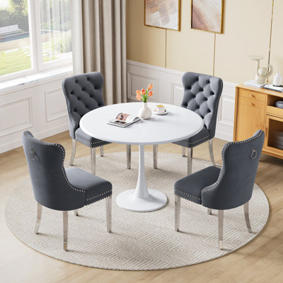 5-Piece Round Metal Dining Table Set With Velvet Upholstered Chairs – Modern Dining Furniture For Small Spaces