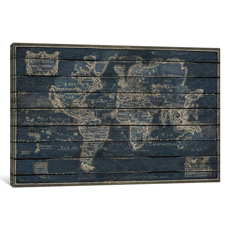 « Mappe Monde », art graphique sur toile tendue, H 26 po x l 40 po x P 1,5 po