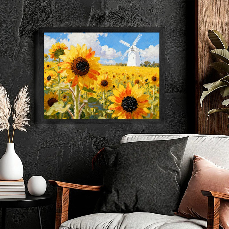 Art mural champ de tournesol noir impressionnant avec moulin à vent, impressions de paysage de campagne vibrante