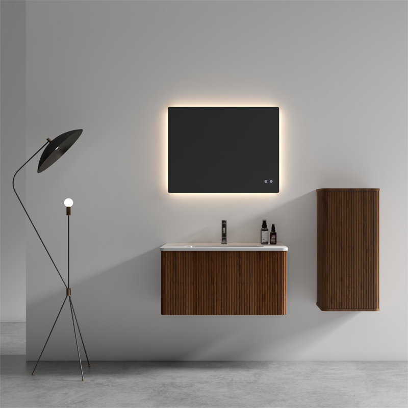 Macneil 36,00 po X P 18,30 po P 15,60 po Meuble-lavabo mural H en bois de noyer avec plateau blanc