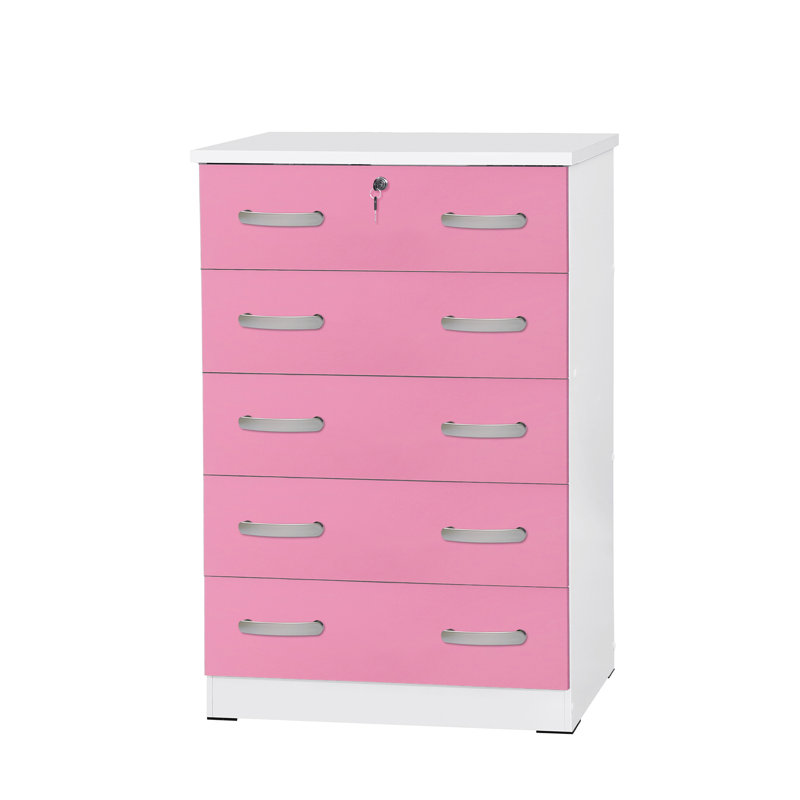 Commode 5 tiroirs Luker, Blanc / rose