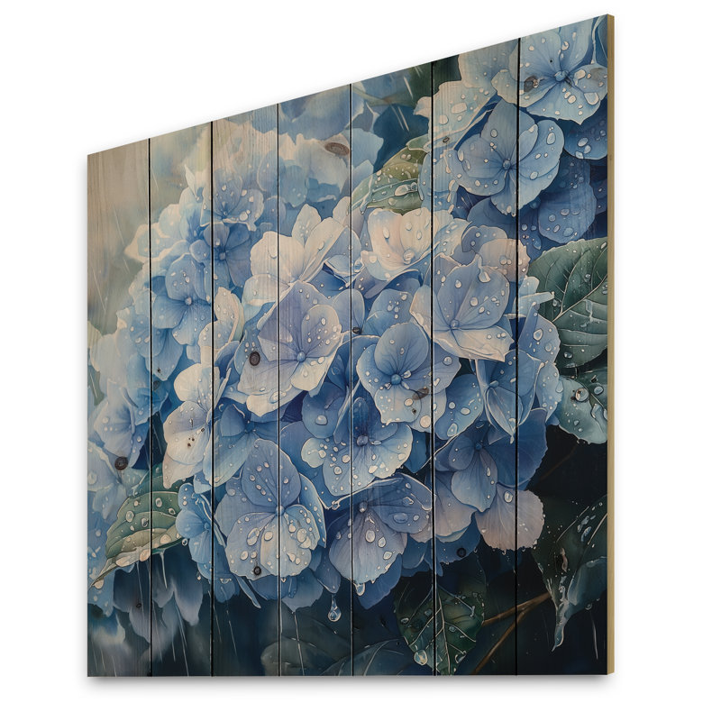 Hortensias dans la pluie printanière I - Décoration murale en bois d'hortensias - sur bois de pin naturel