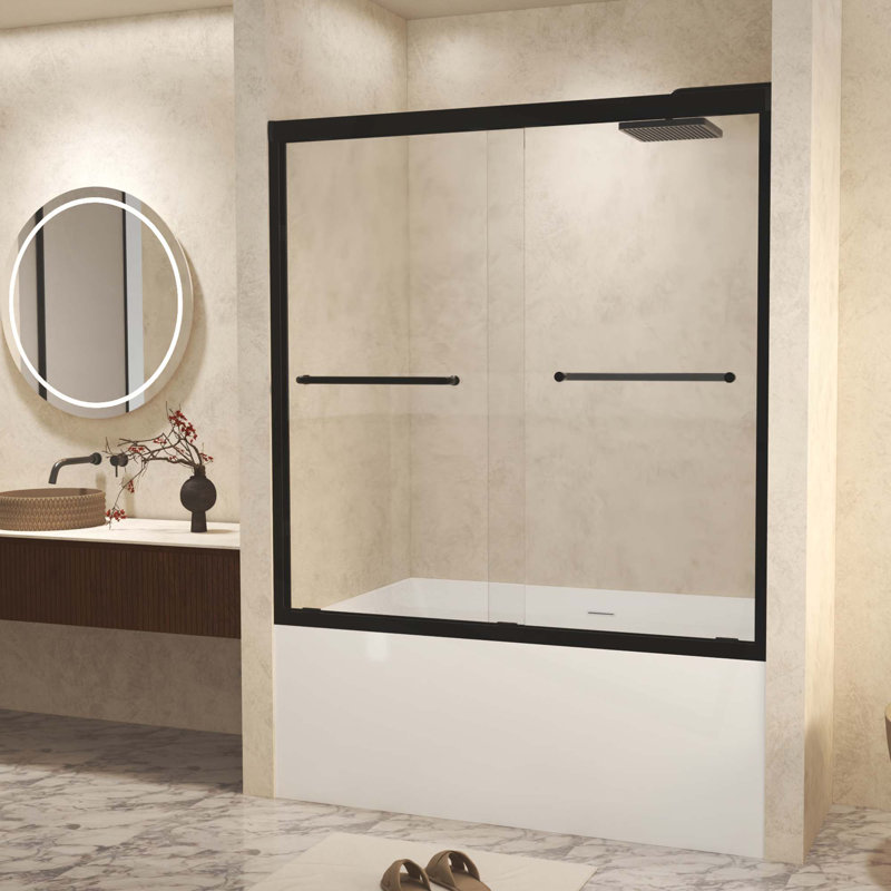 Verre trempé avec film antidéflagrant, double porte de douche coulissante à cadre en aluminium, poignée en acier inoxydable