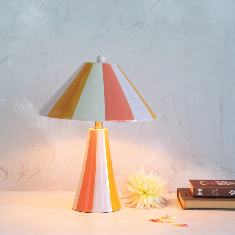 Hand‑Painted Stoneware Striped Table Lamp with Inline Switch