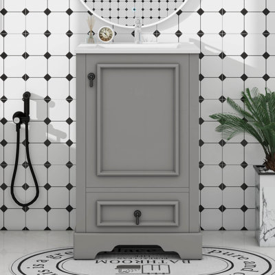 Meuble-lavabo de 20 po avec lavabo en céramique et tiroir à compartiments, tablette ajustable en forme de U