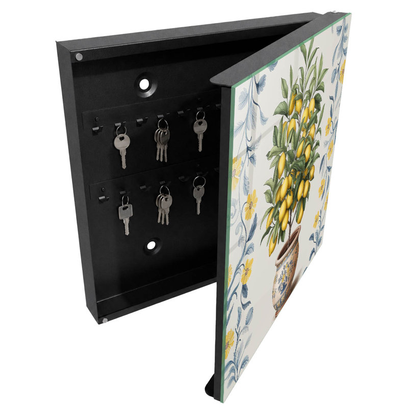 Key storage box, Opens to the left, 30x30x5, White, Lemon motif on a decorative background, 