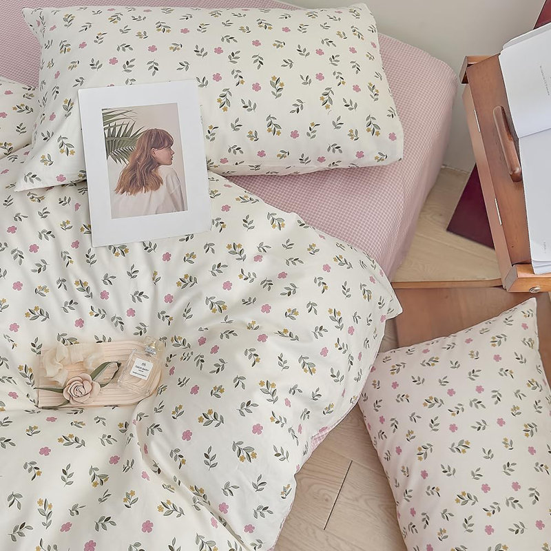 Duvet Cover Cotton White With Pink Flowers Bedding Set Colorful Floral Pattern Bed Cover With Zipper