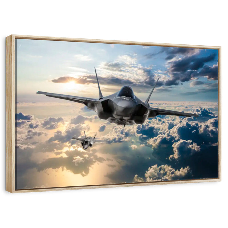 F35 Fighter Jet, Floating Frame Natural Wood, 40" X 27"