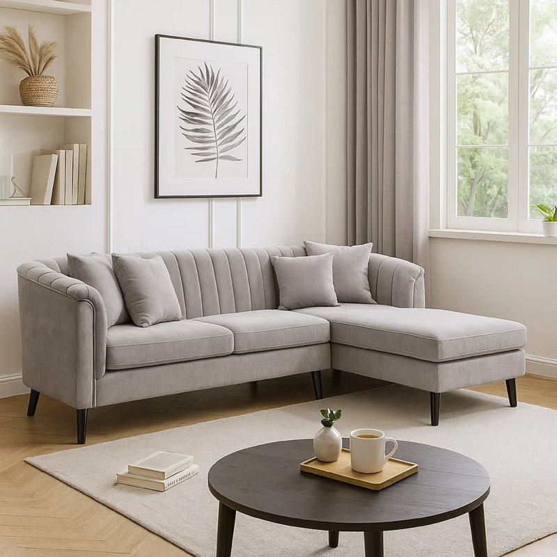 Canapé modulaire en L Willy, 4 coussins, chenille touffetée grise, 99 po