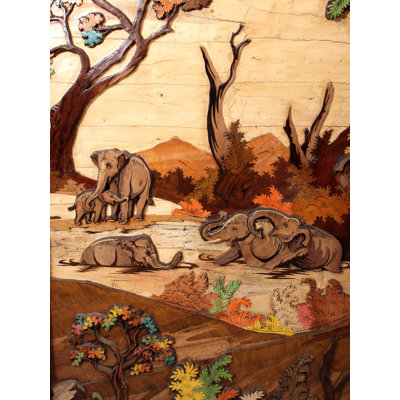 96 "Large Herd of Elephants | Panneau 3D coloré en bois de rose avec incrustations