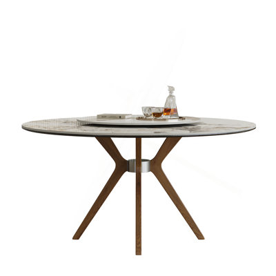 59-Inch Modern Sintered Stone Dining Table, Equipped With A 35-Inch Round Turntable, Seating 6-8 People, Round Table With Walnut-Colored Wood Base