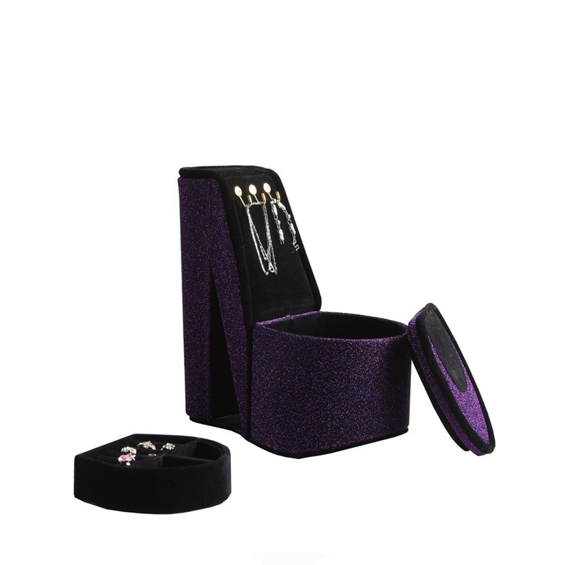 Boîte à bijoux haute 9 po avec crochets, chaussures à talons hauts, velours mauve, Purple