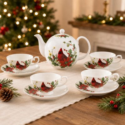 Bone China Winter Cardinal Poinsettia 9-Piece Yea Set