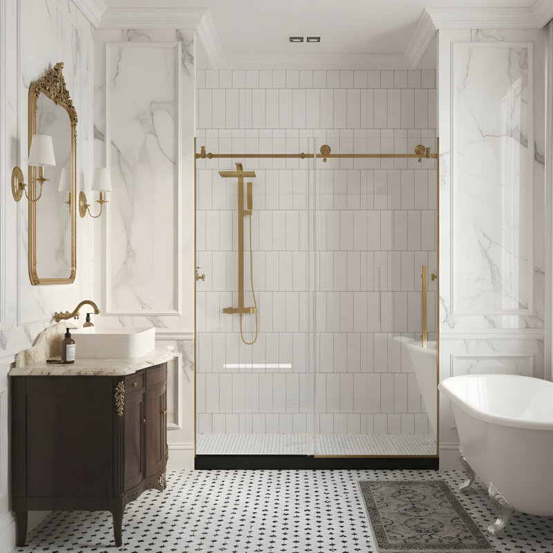 Frameless shower door 44-48"W x 76" H, 1/4 "(6 mm) Clear Tempered Glass, Explosion Proof Film, Stainless Steel Handle,Brushed Gold