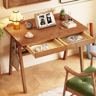 100% Solid Wood Desk With Drawers & Storage Shelf - 40 X 24 Inch Mid Century Modern Desks, Vintage Writing Desk With Deeper Desktop, Home Office Computer Desks For Bedroom & Home-walnut Color