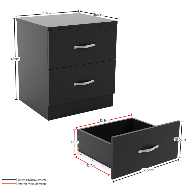 Maybery 2 Drawer Bedside Table, Bedroom Storage Cabinet, Black