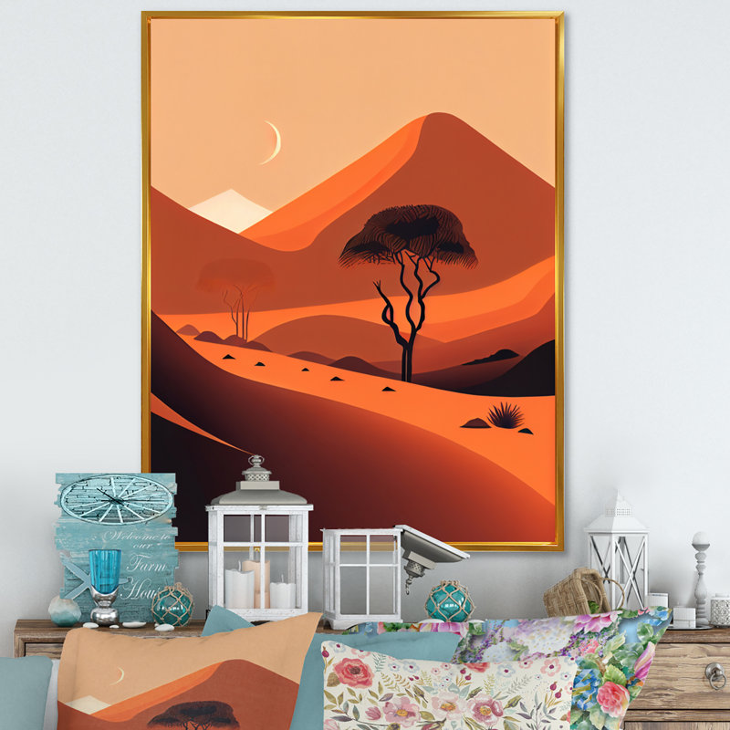 " Single Tree In Terra Cotta Mountains V ", 44" H x 34" W x 1.5" D, Gold Floater Framed Canvas
