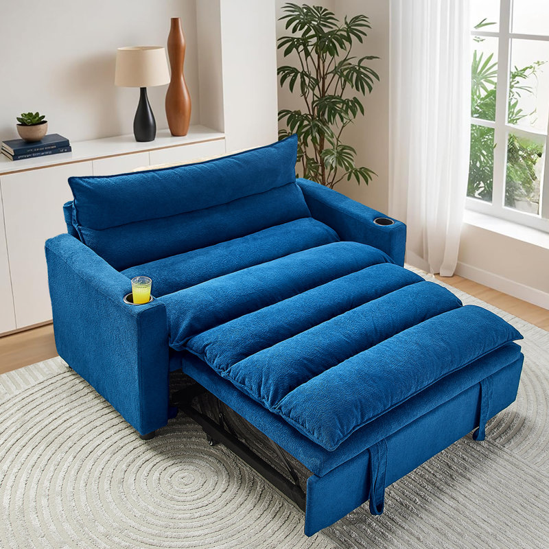 Masir 3 in 1 Convertible Pull Out Sleeper Sofa with Adjustable Backrest & Cupholders, Blue