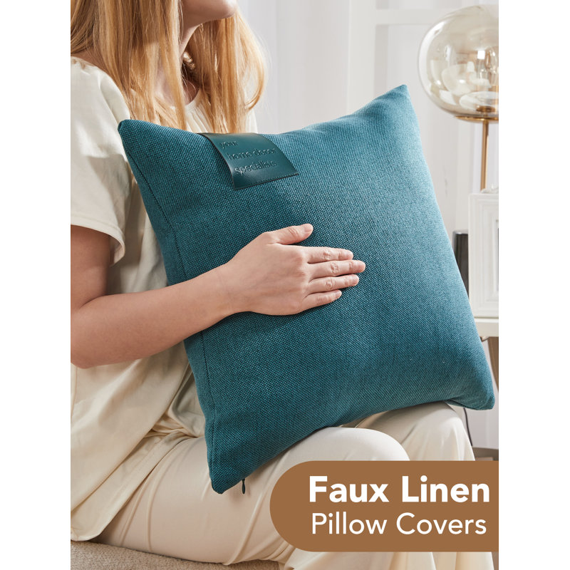 Decorative Solid Pillow Covers with Leather Label (Set of 2), 24"H x 24"W, Dark Teal