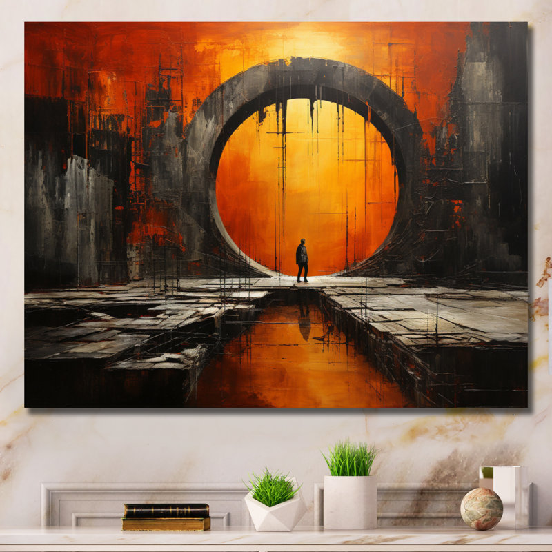 Orange Tunnel abstrait portail mixte II - art mural encadré Tunnels, Toile tendue, H 34 po x l 44 po x P 1,5 po