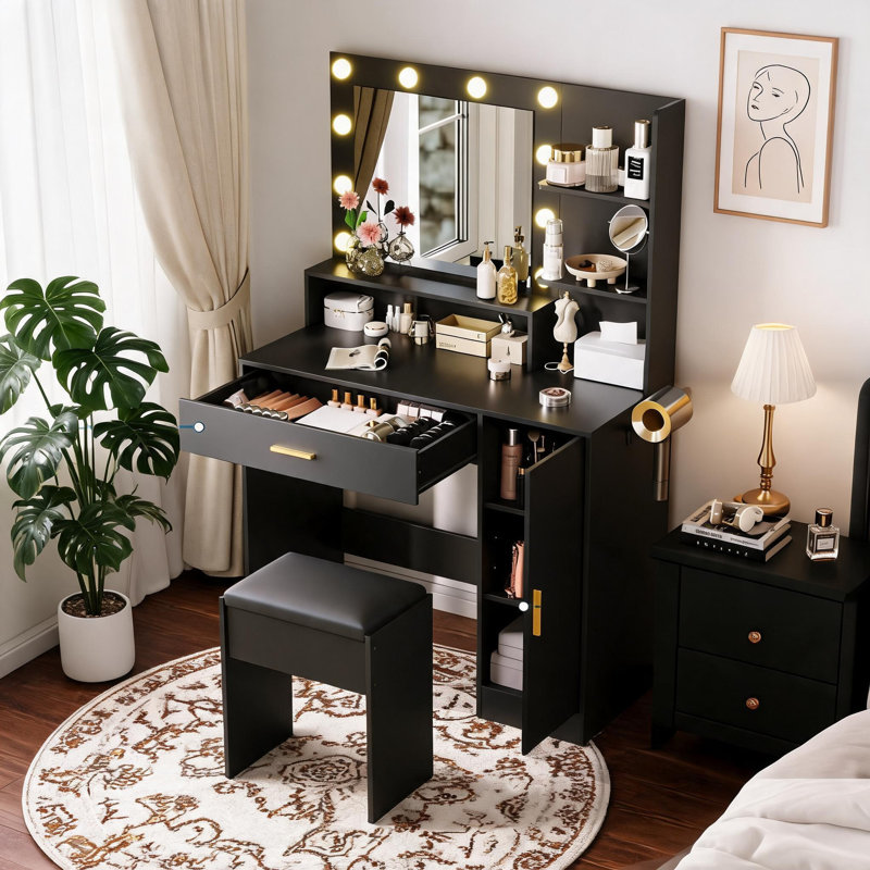 Ensemble de coiffeuse moderne avec miroir, lumières DEL, prise de courant - grands tiroirs de rangement, tablettes ouvertes, tabouret rembourré, modes d'éclairage réglables
