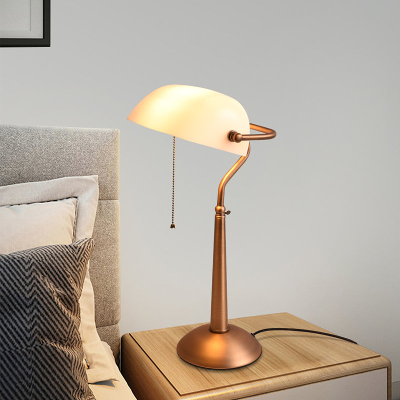 Antique Vintage Bronze Sleek Glass Shade Bankers Table Lamp With Pull Switch For Living Room