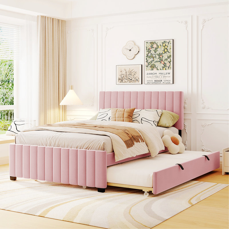 Velvet Upholstered Platform Bed with Trundle, Pink, Full/Double