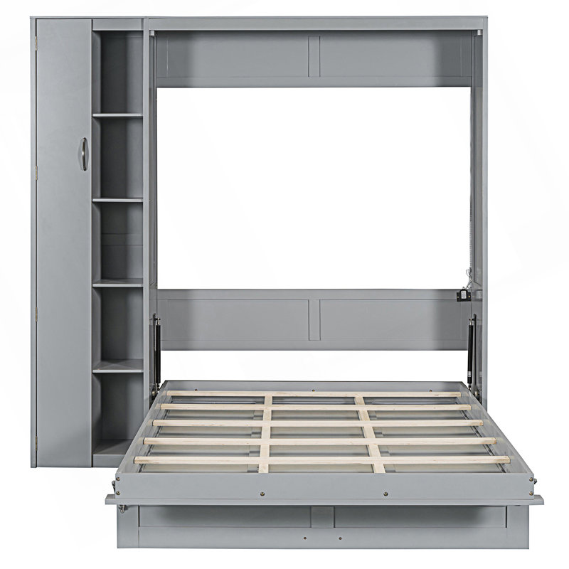 Lit escamotable double, lit escamotable avec tablettes et garde-robe, gris