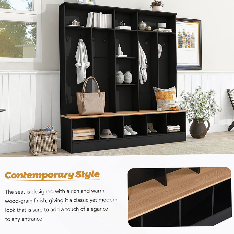 Wide Design Hall Tree with Storage Bench, Minimalist Shoe Cabinet with Cube Storage & Shelves, Multifunctional Coat Rack with 8 Hooks