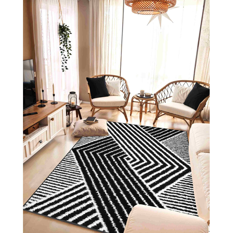 Tapis géométrique abstrait moderne pour la chambre à coucher 6415 Olexander (noir), Rectangle 5 pi 3 po x 7 pi 7 po