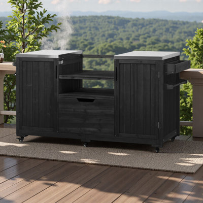 Îlot de cuisine extérieur de 66,5 po pour grands grils à œufs verts, chariot de barbecue en bois massif pour barbecue de table avec plateau en acier inoxydable, tiroir