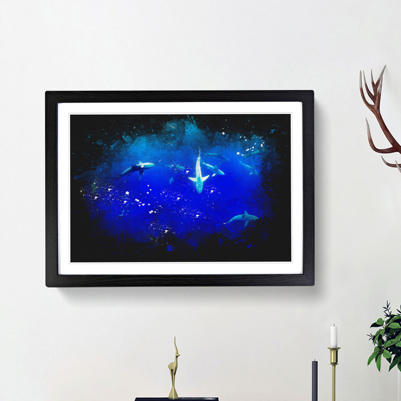 Oahu Sharks - Single Picture Frame Print on MDF, 24cm H x 33cm W x 2cm D, Black Framed