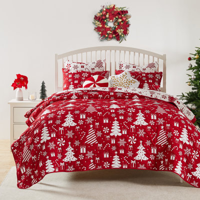 Greenland Home Fashions Peppermint Party 2-Piece Twin Size Red Coverlet Set, 68x88 Inch