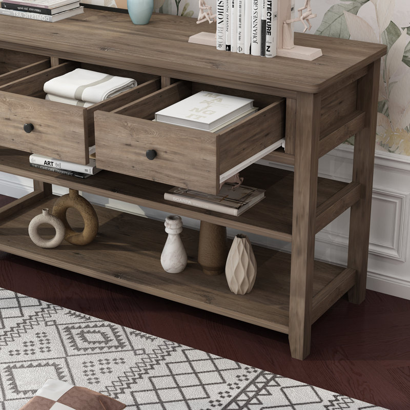 Nibbi 47" Console Table with Wood Frame and Legs, 3 Drawers and 2 Open Shelves Gray, Washed Brown