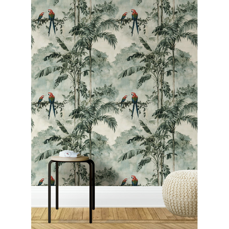 Adhésif mural perroquet exotique vert jungle