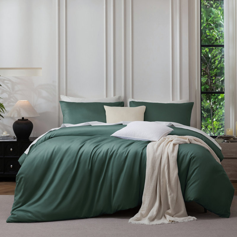 Ensemble de housse de couette MooMee, Housse de couette grand et 2 taies d'oreiller stan, Vert forêt
