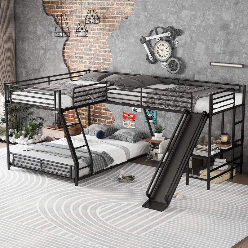 Lit superposé simple au-dessus de double en forme de L avec bureau intégré et glissade, lit double pleine grandeur pour garde-corps, chambre à coucher, noir